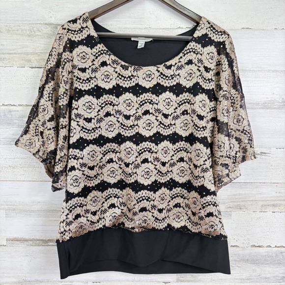 Dressbarn Woman 1X Top Black Gold Lace Sequined Flutter Sleeve Party Blouse - Picture 1 of 13